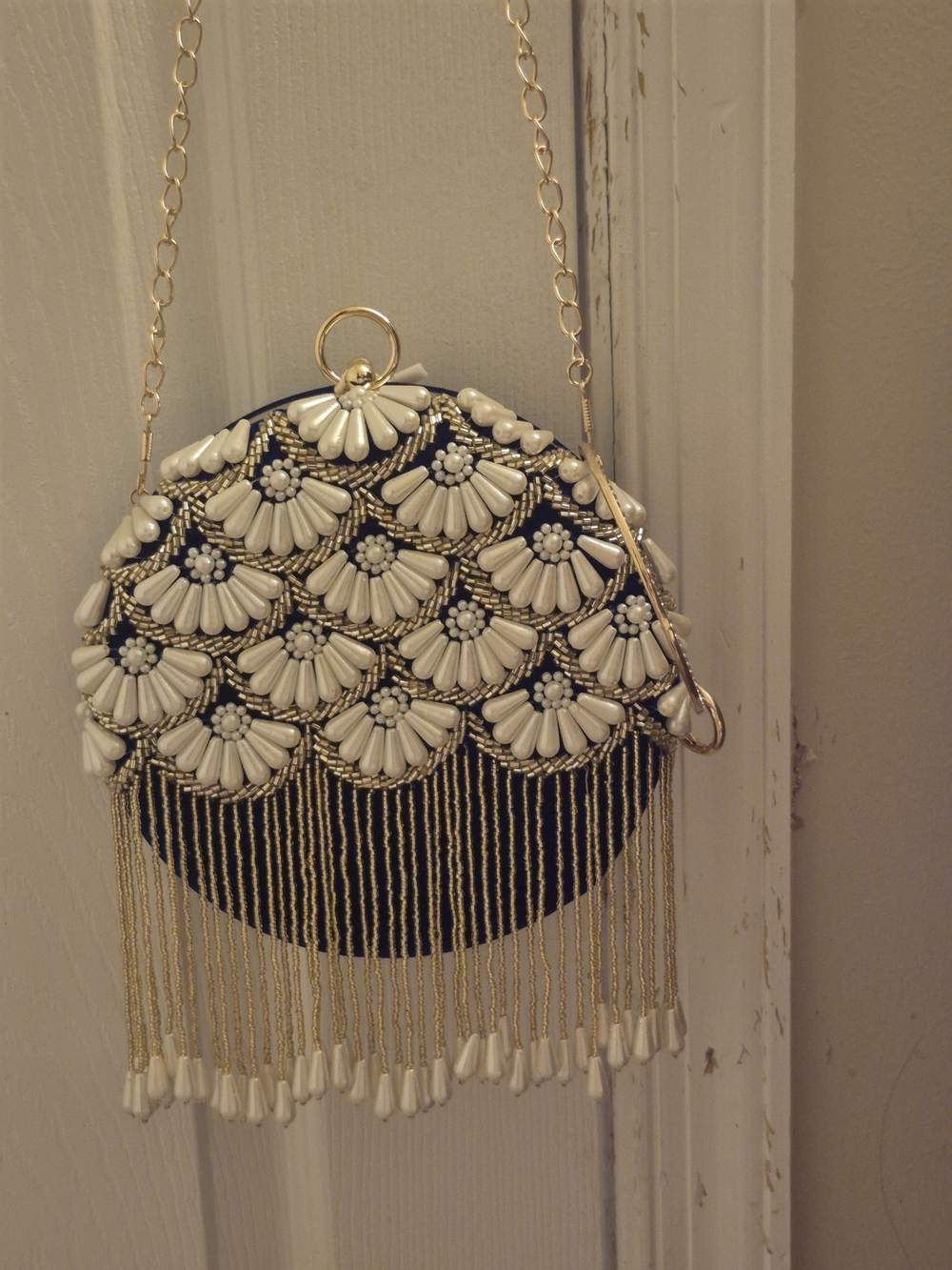 Handcrafted Black Clutch Bag With Pearl Design Tassels And Beads